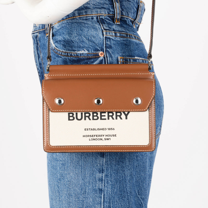 Burberry Tan Leather & Canvas Baby Title Pocket Shoulder Bag - Blue Spinach