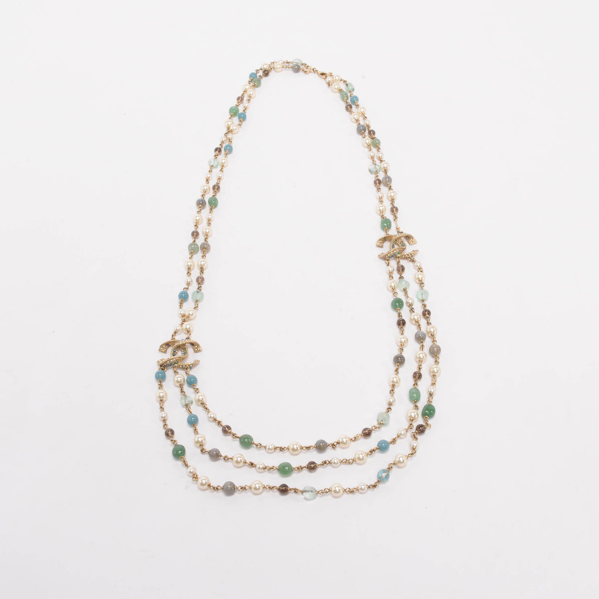 Chanel Light Gold Stone & Pearl CC Layered Necklace