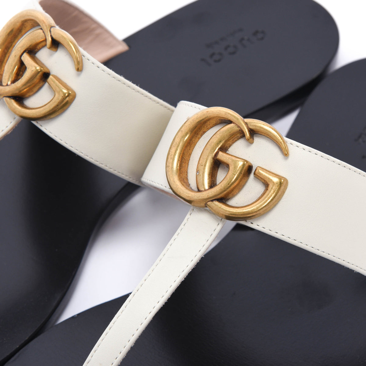 Gucci Off White Calfskin Double G Thong Sandals 40