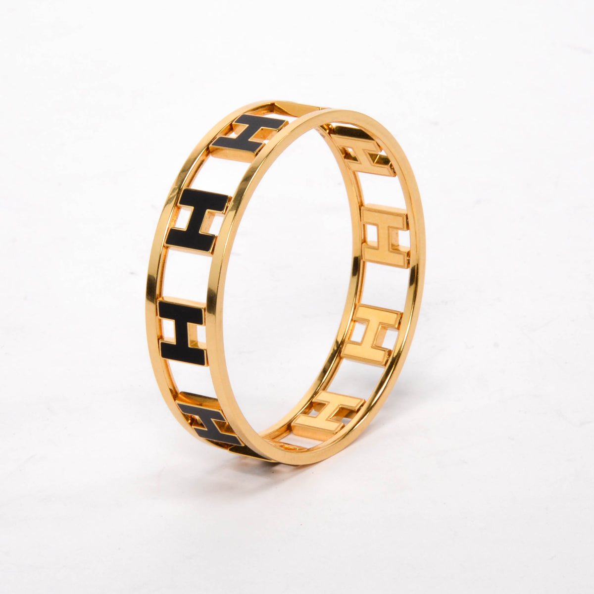 Hermes Black Enamel & Gold Plated Rondo Ash H Bangle