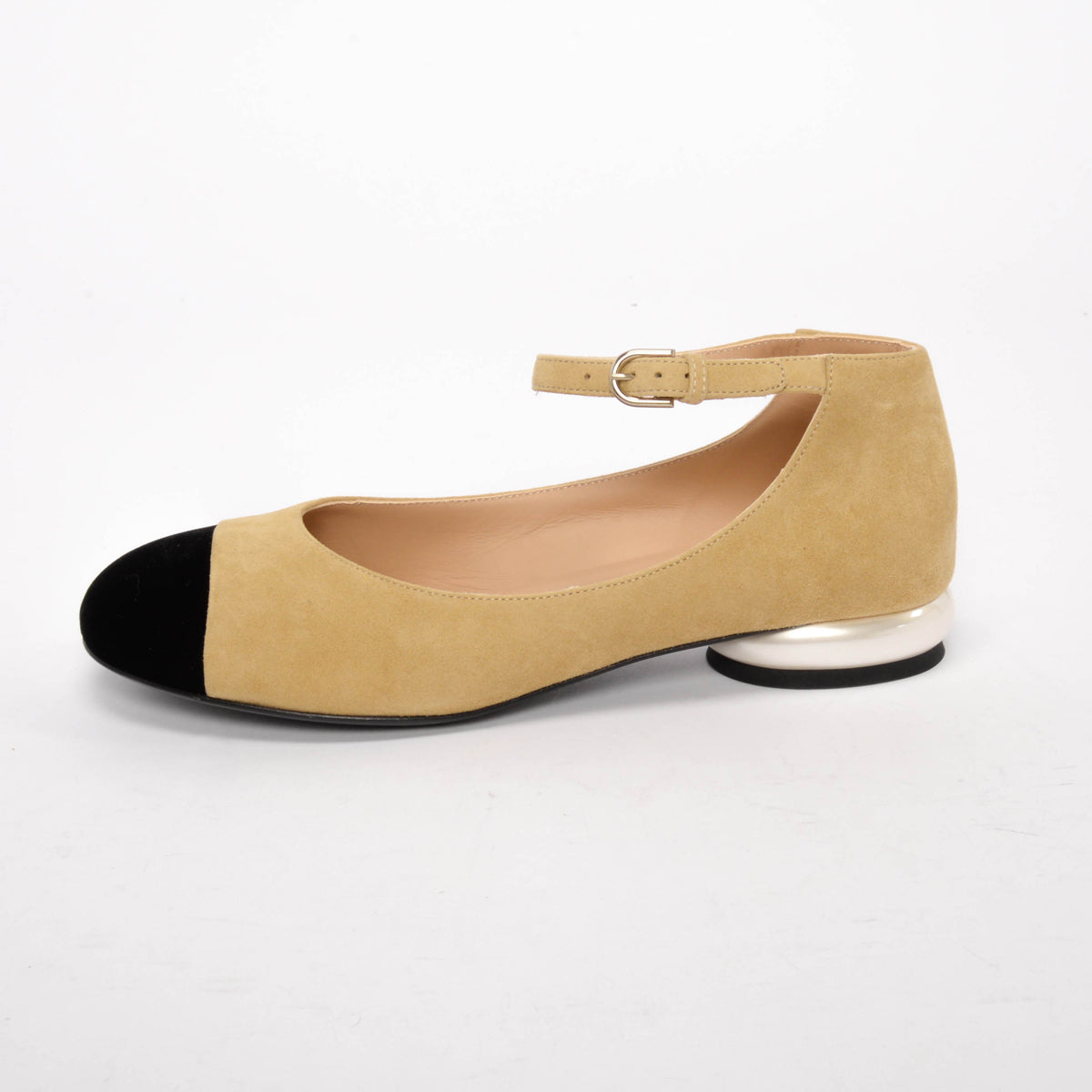 Chanel Beige & Black Suede & Velvet Cap Toe Mary Janes 38.5
