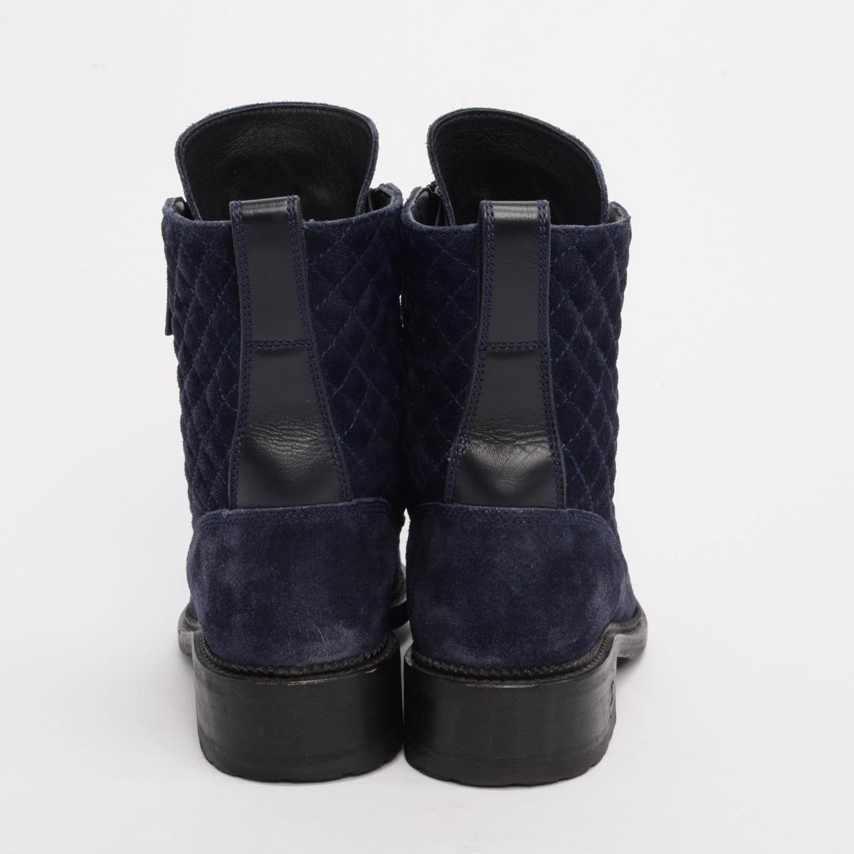 Chanel Navy Quilted Suede Lace Up CC Combat Boots 38