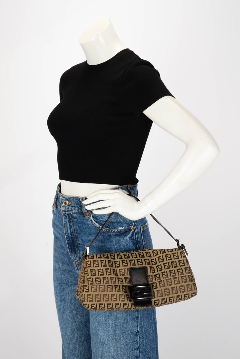 Fendi Brown Zucchino Canvas Long Baguette Bag