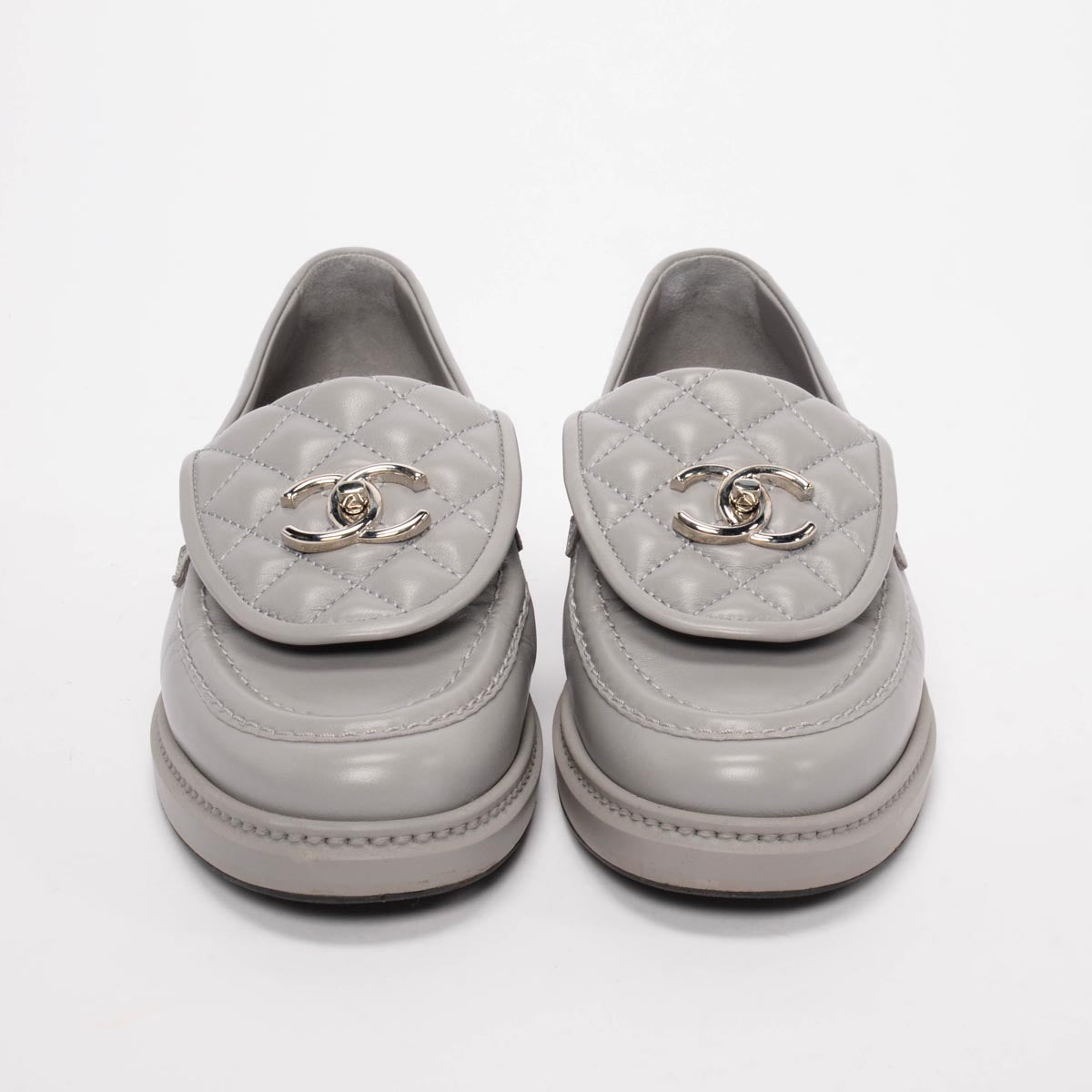 Chanel Grey Lambskin CC Turnlock Loafers 37.5