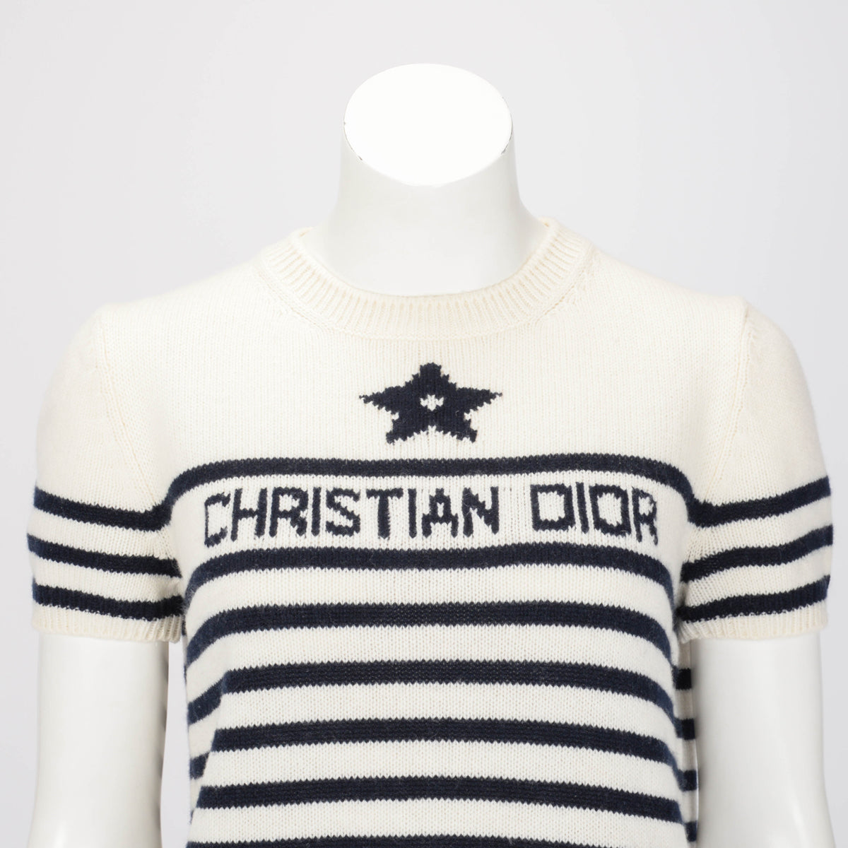 Dior Ecru & Navy Cashmere Knit Dioriviera Short Sleeve Sweater FR 42