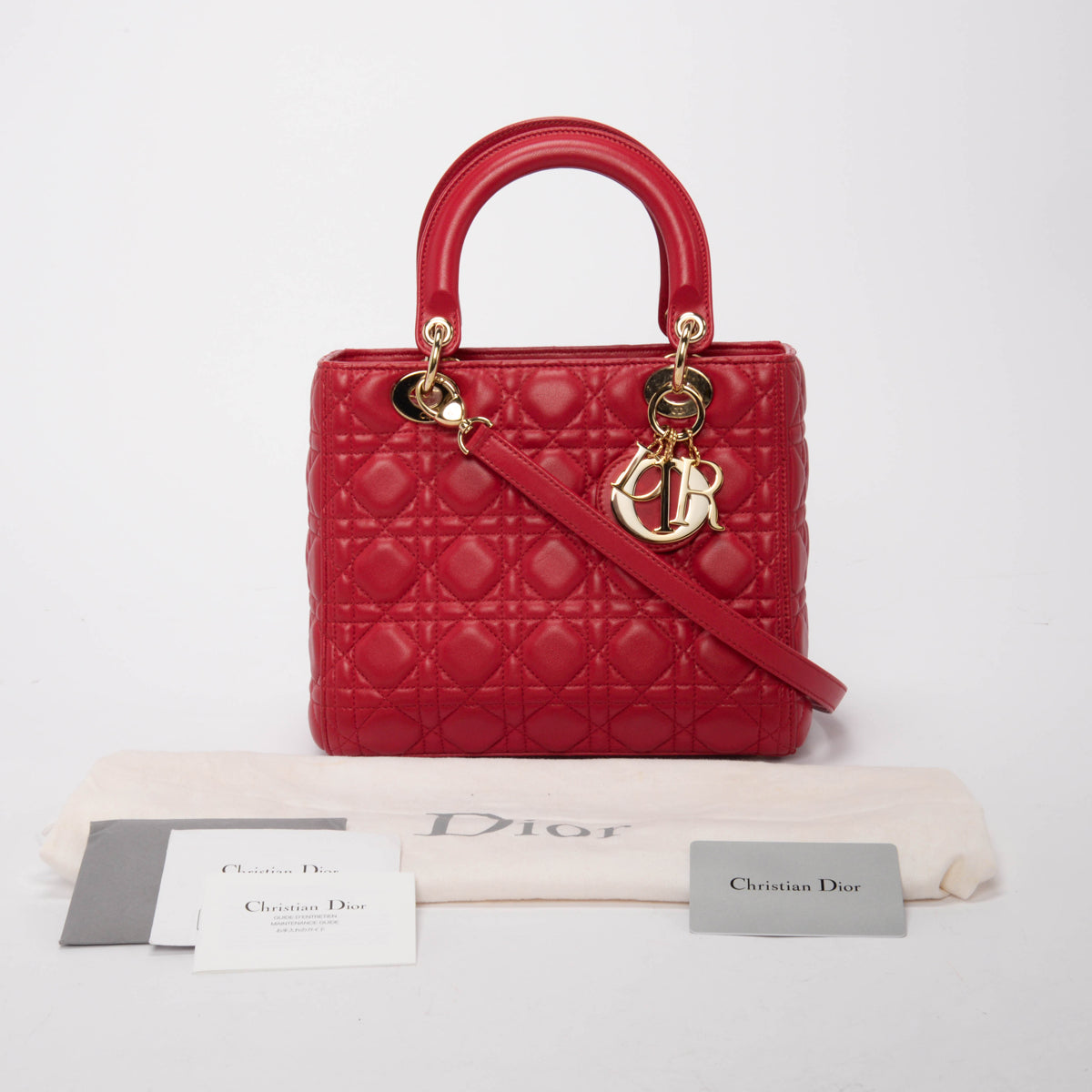 Dior Red Lambskin Cannage Medium Lady Dior Bag