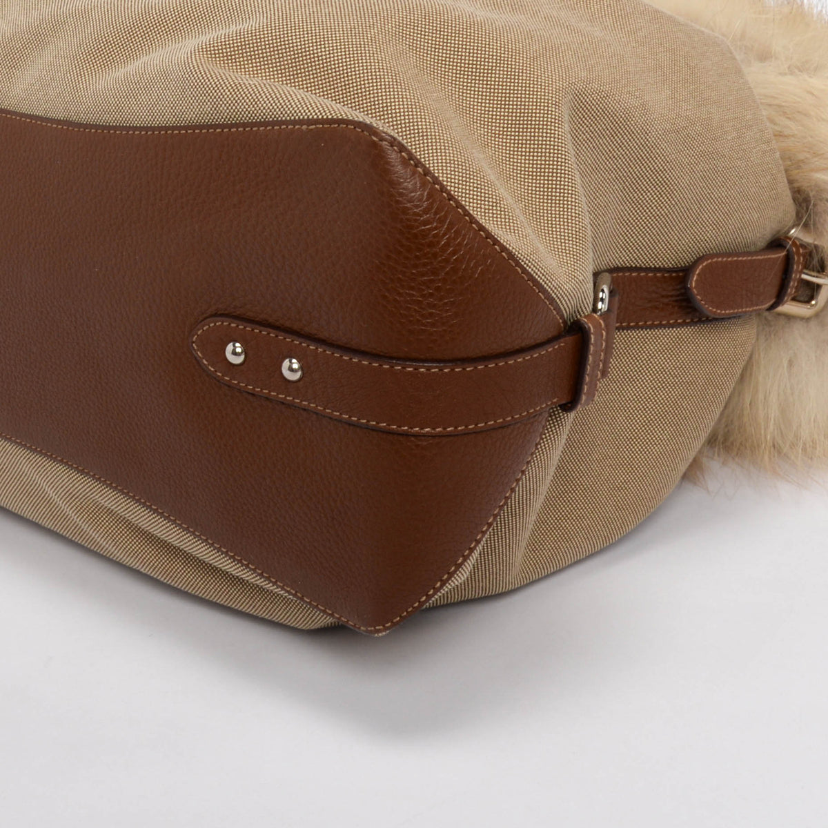 Prada Beige Logo Jacquard and Fur Hobo Bag
