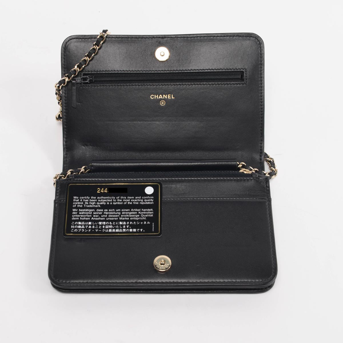 Chanel Black & Gold Velvet Camellia Wallet on Chain