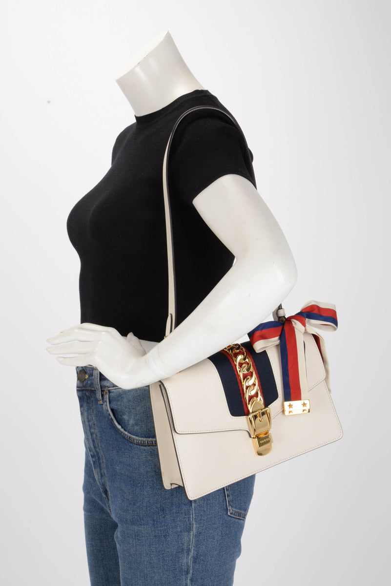 Gucci White Calfskin Small Sylvie Shoulder Bag