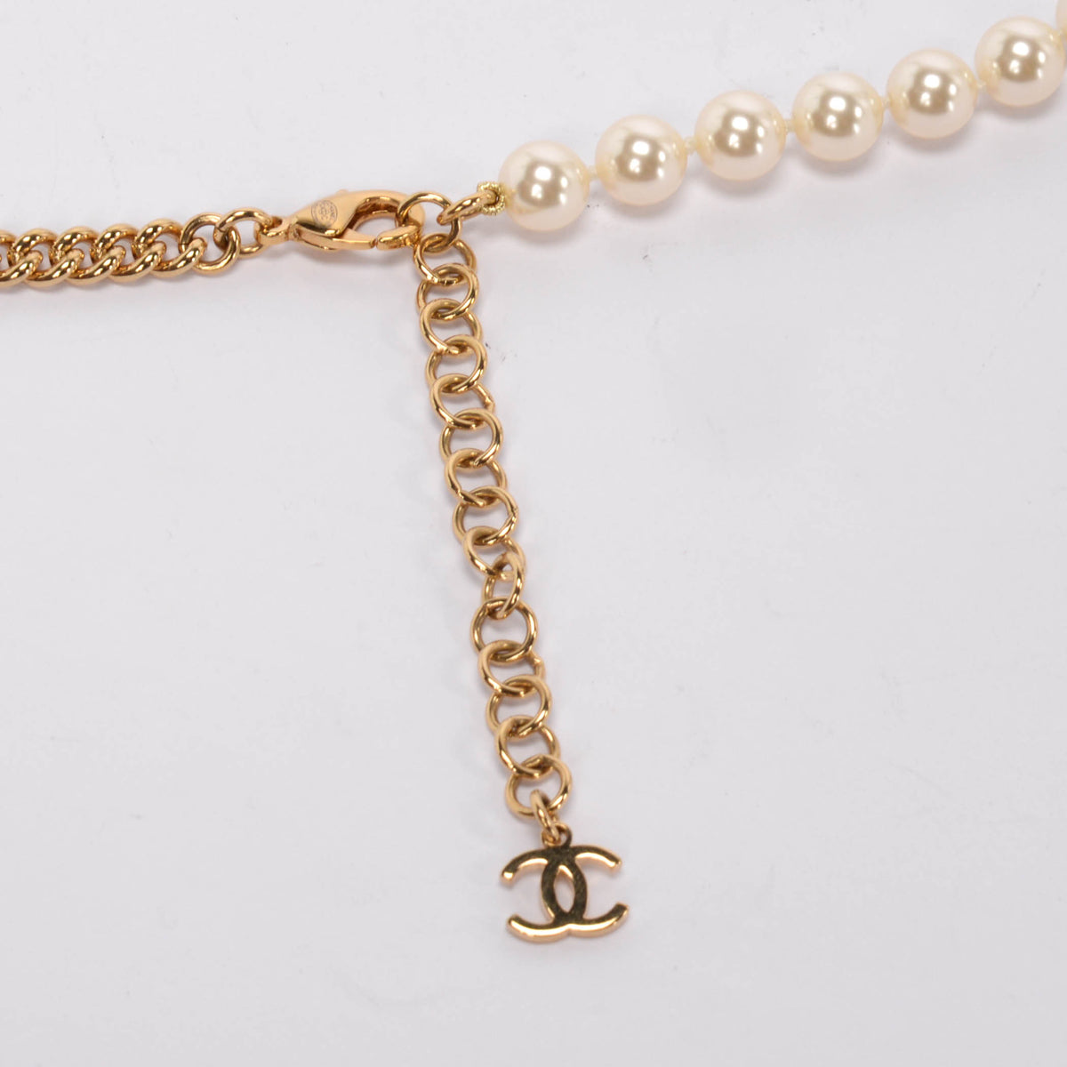 Chanel Gold & Black Pearl Logo Pendant Necklace
