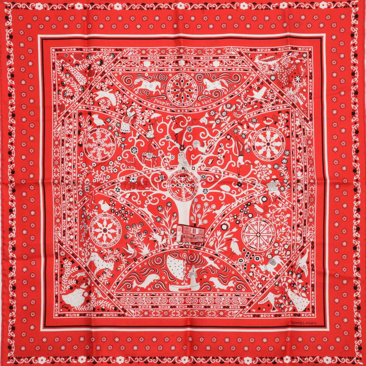 Hermes Red Silk Peuple Du Vent Bandana Scarf