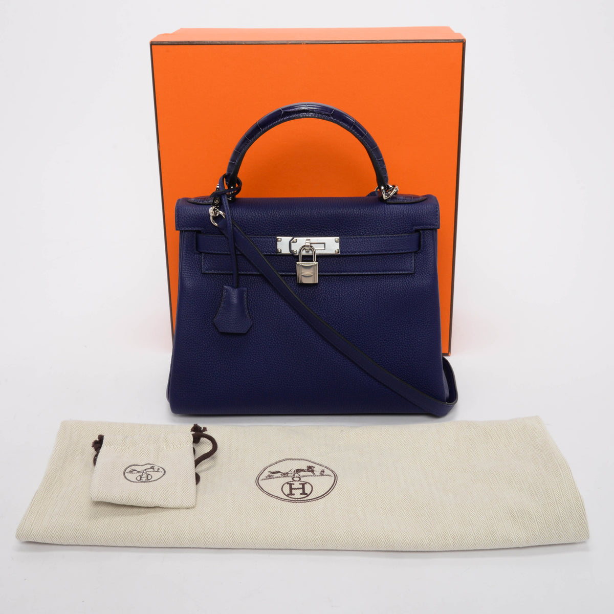 Hermes Blue Encre Togo & Alligator Touch Kelly 28 Bag