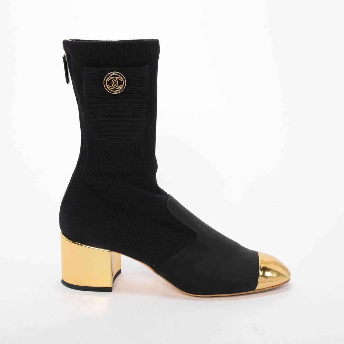Chanel Black & Gold Knit CC Pocket Sock Boots 39