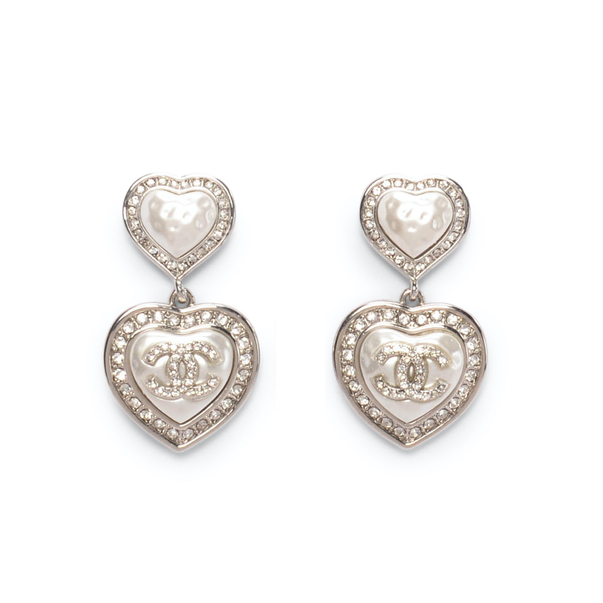 Chanel Silver Pearl & Crystal CC Heart Drop Earrings
