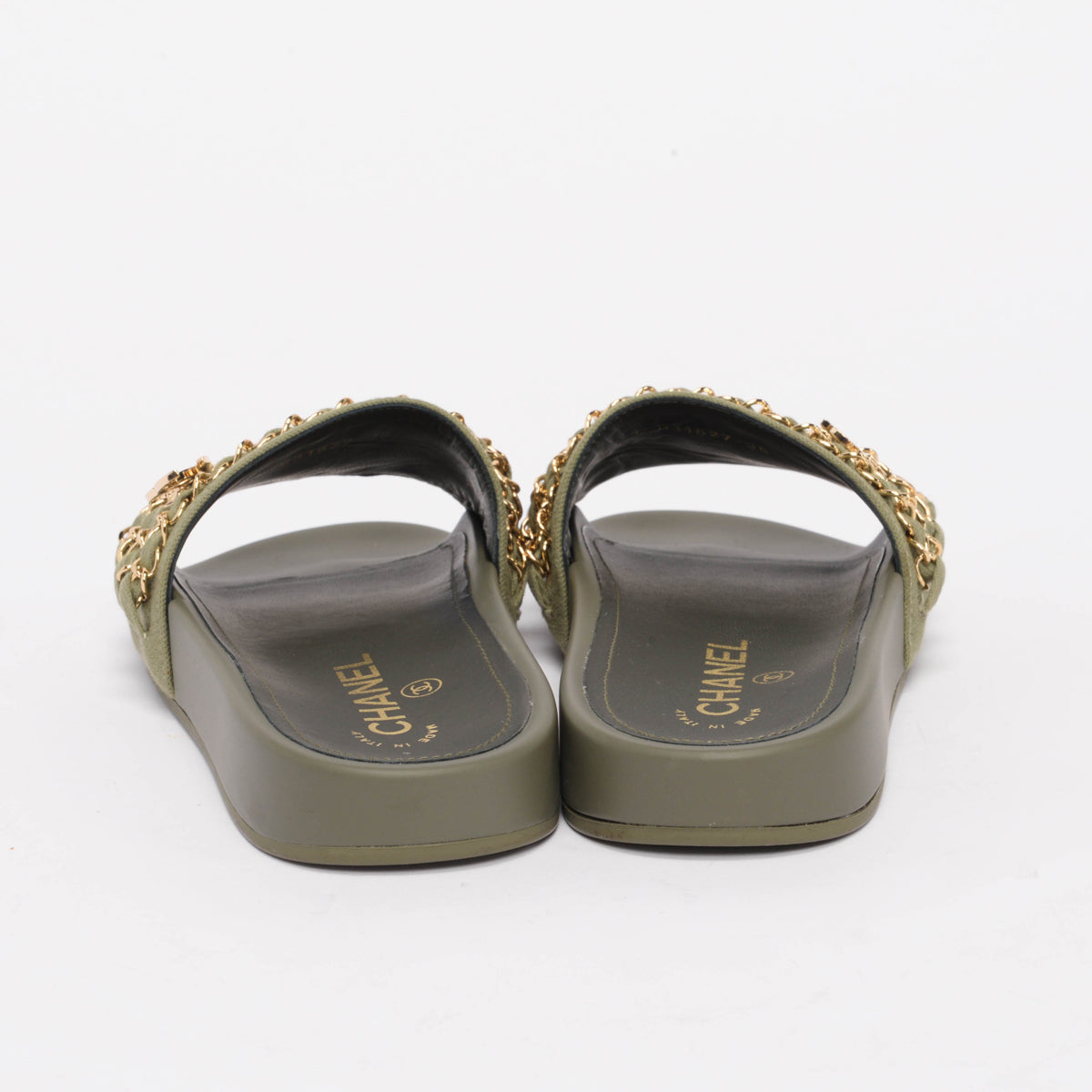 Chanel Khaki Canvas Chain Trim Slides 36