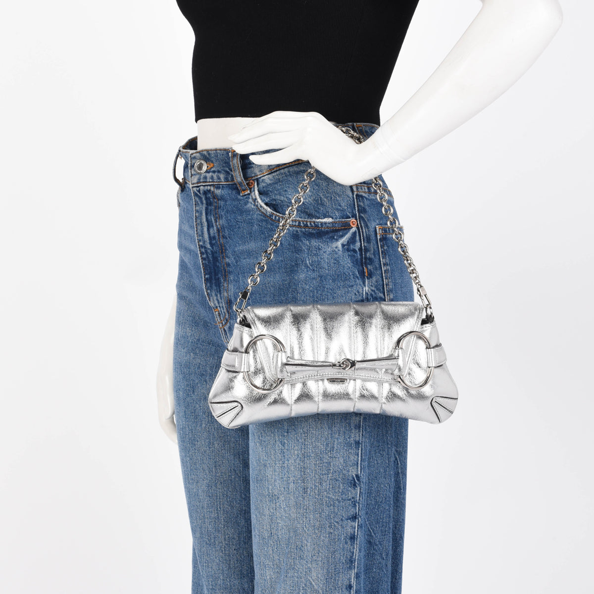 Gucci Silver Matelasse Small Horsebit Chain Bag