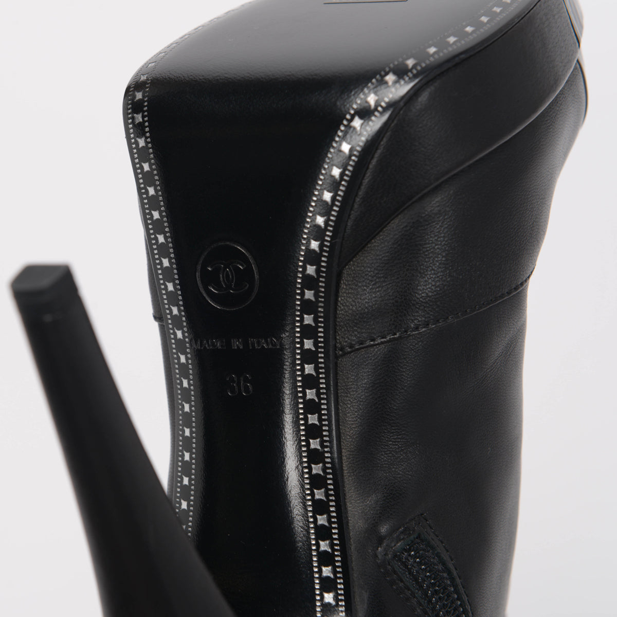 Chanel Black Lambskin Patent Cap Toe Boots 36