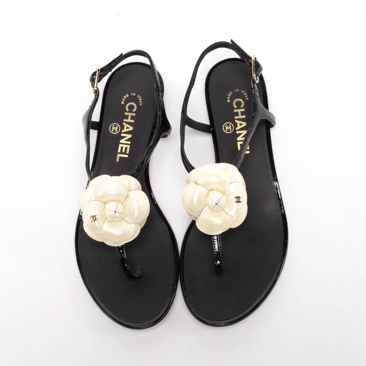 Chanel Black Patent CC Camellia Thong Sandals 37