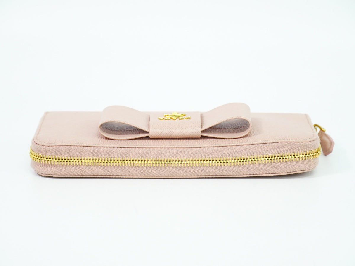 Prada Pink Saffiano Leather Bow Zip Around Wallet