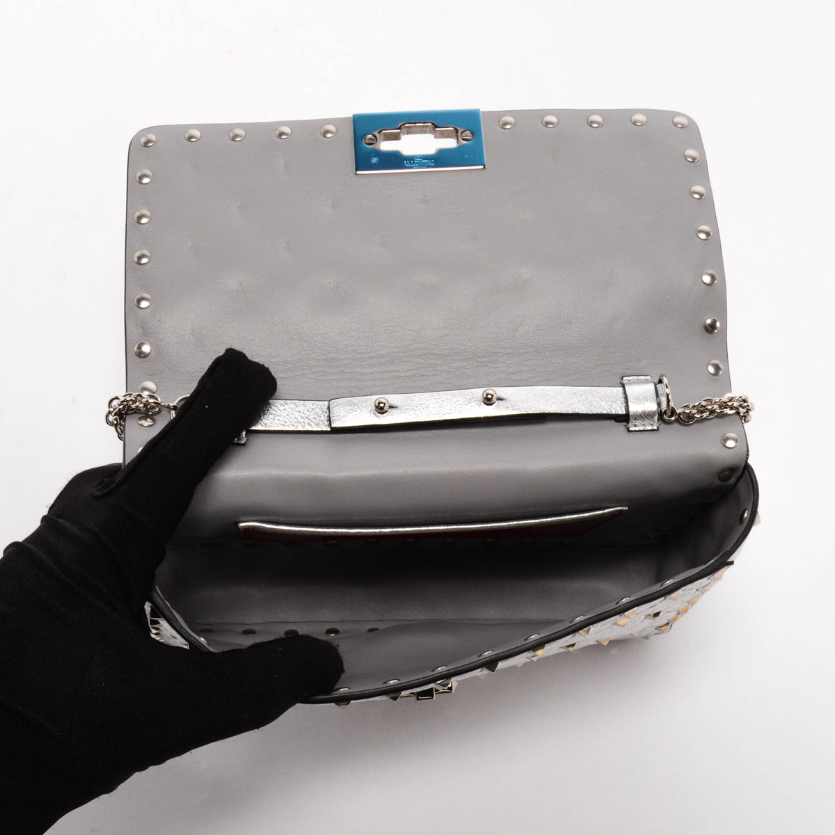 Valentino Silver Lambskin Rockstud Spike Wallet on Chain