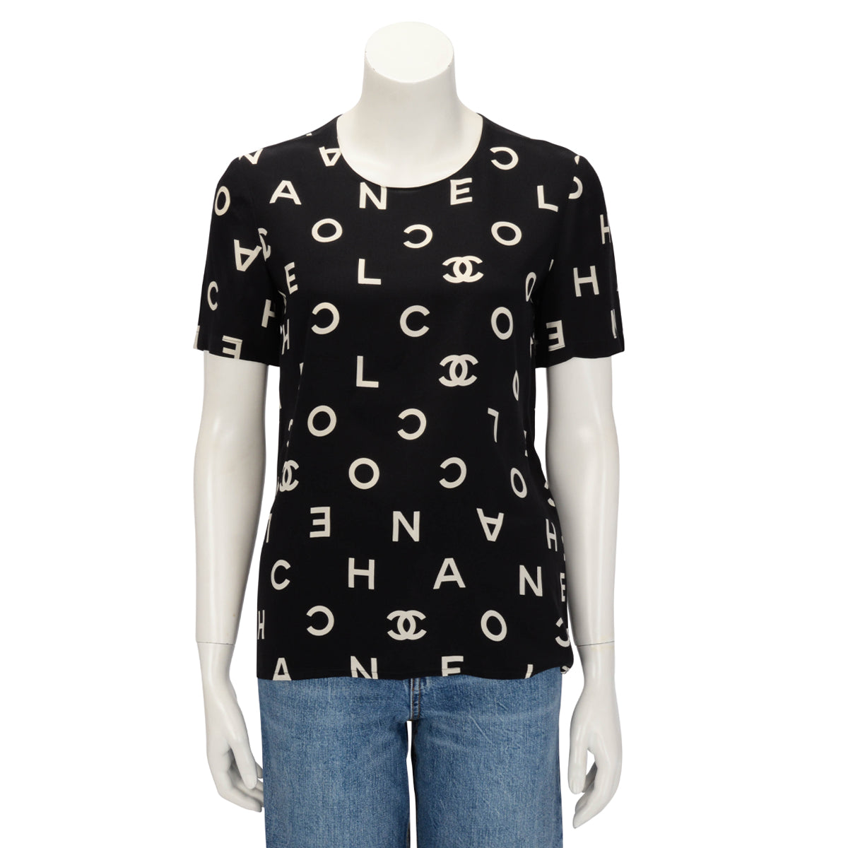 Chanel Vintage Black & White Silk CC Logo Letter Top FR 38