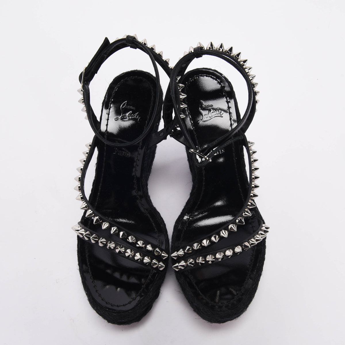 Christian Louboutin Black Raffia Mafaldina Zeppa Studded Wedges