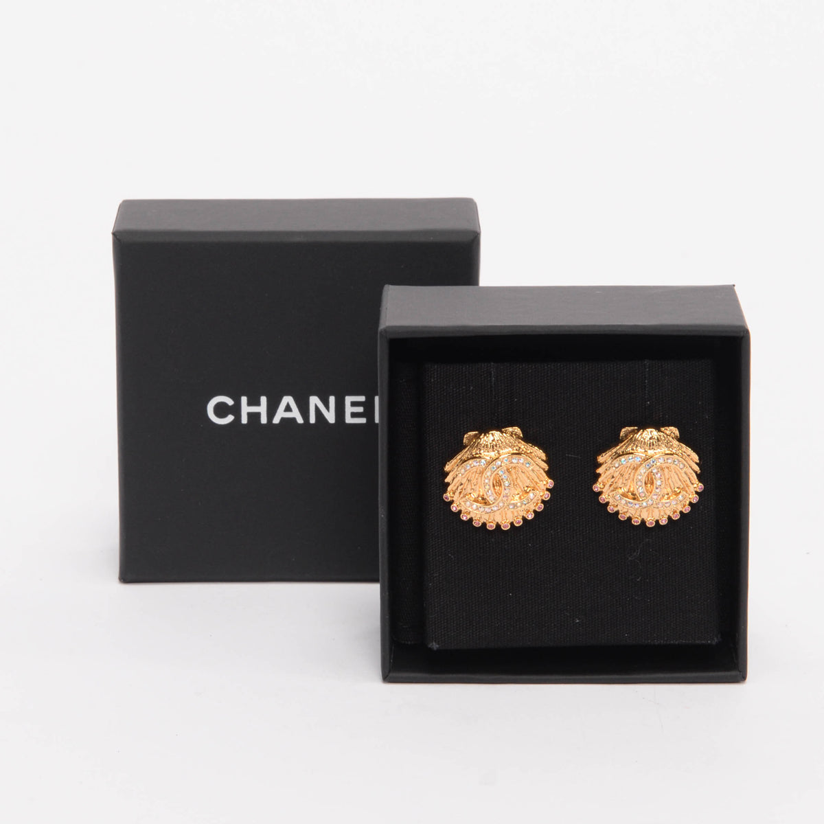 Chanel Gold Crystal CC Shell Earrings