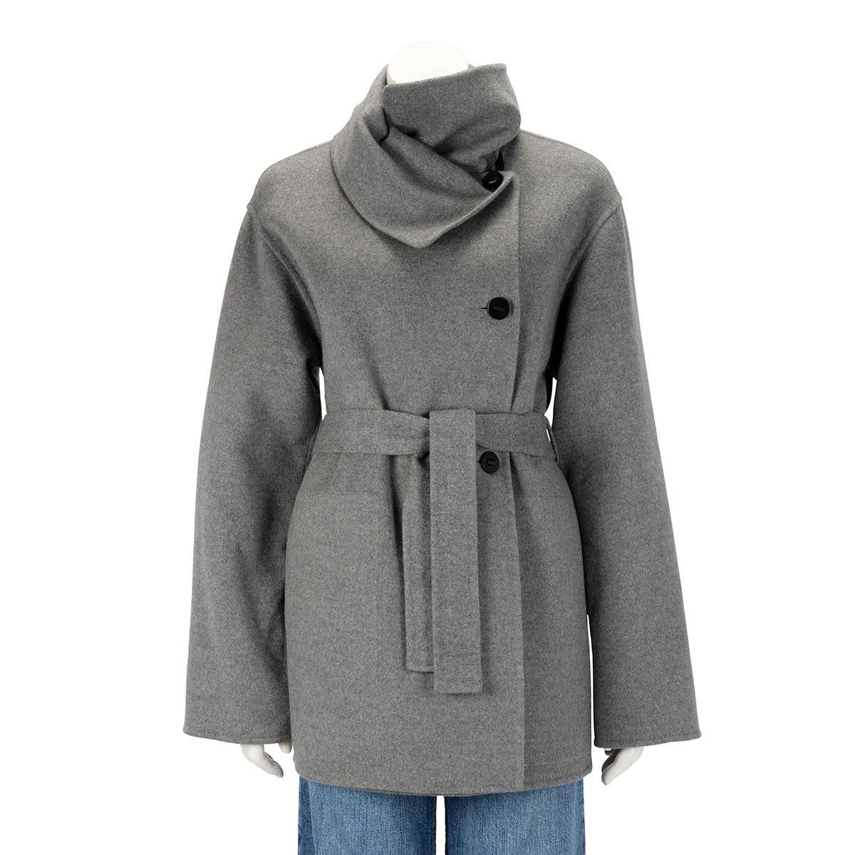 Hermes Grey Cashmere Funnel Neck Short Belted Jacket FR 36