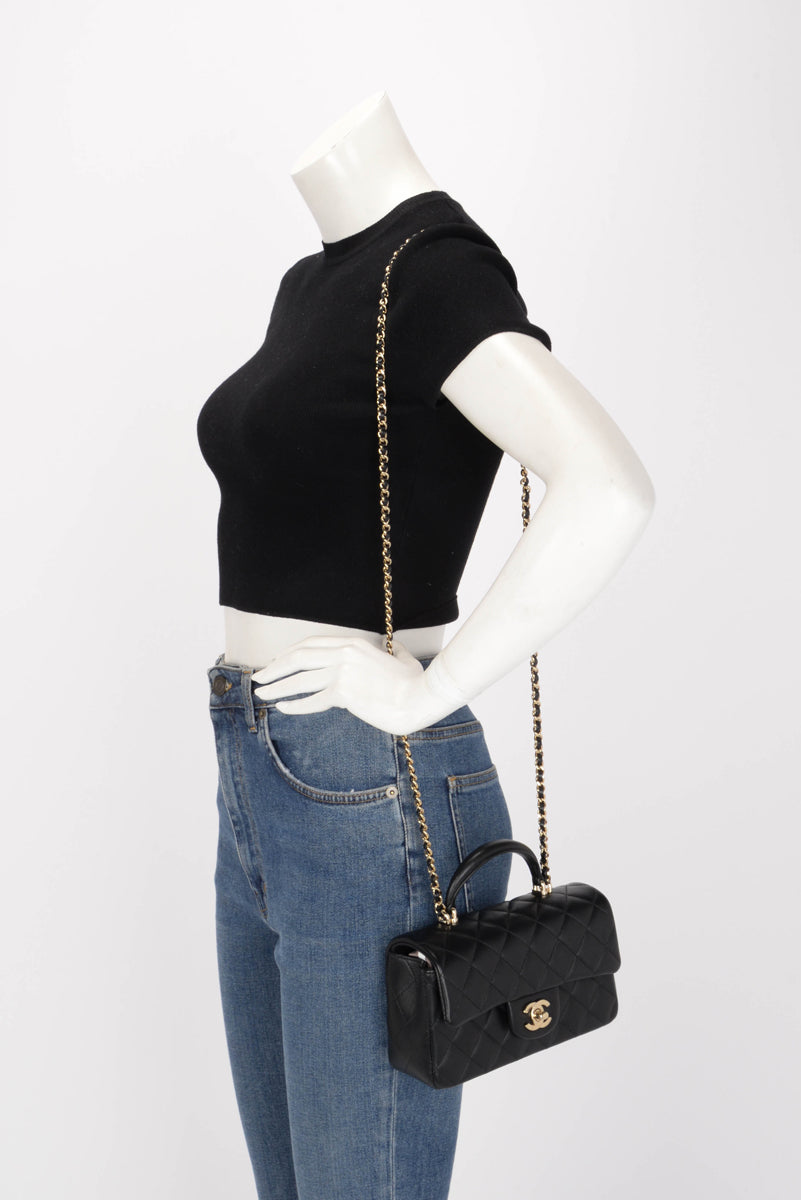 Chanel Black Lambskin Mini Top Handle Rectangular Flap Bag