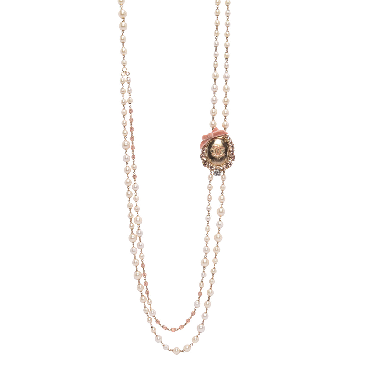 Chanel Light Gold Pearl CC Cameo Long Necklace