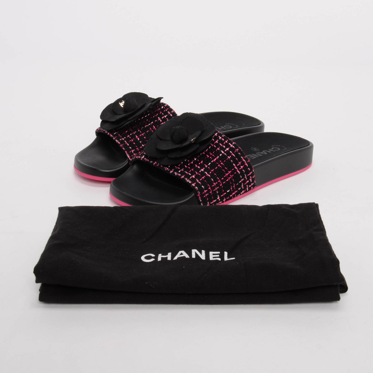 Chanel Black & Pink Tweed Camellia Slides 37