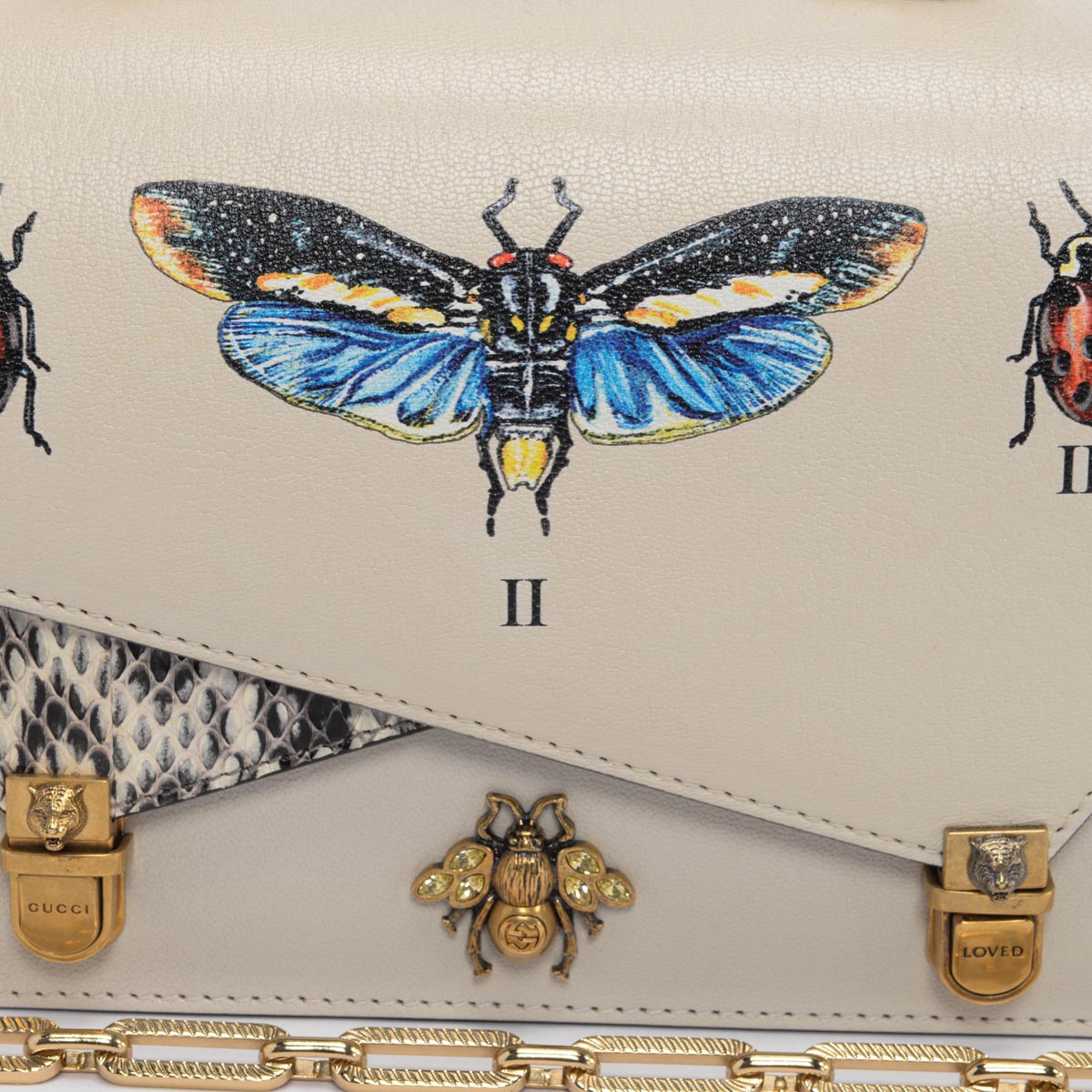 Gucci Cream Calfskin & Snakeskin Ottilia Bamboo Handle Bag