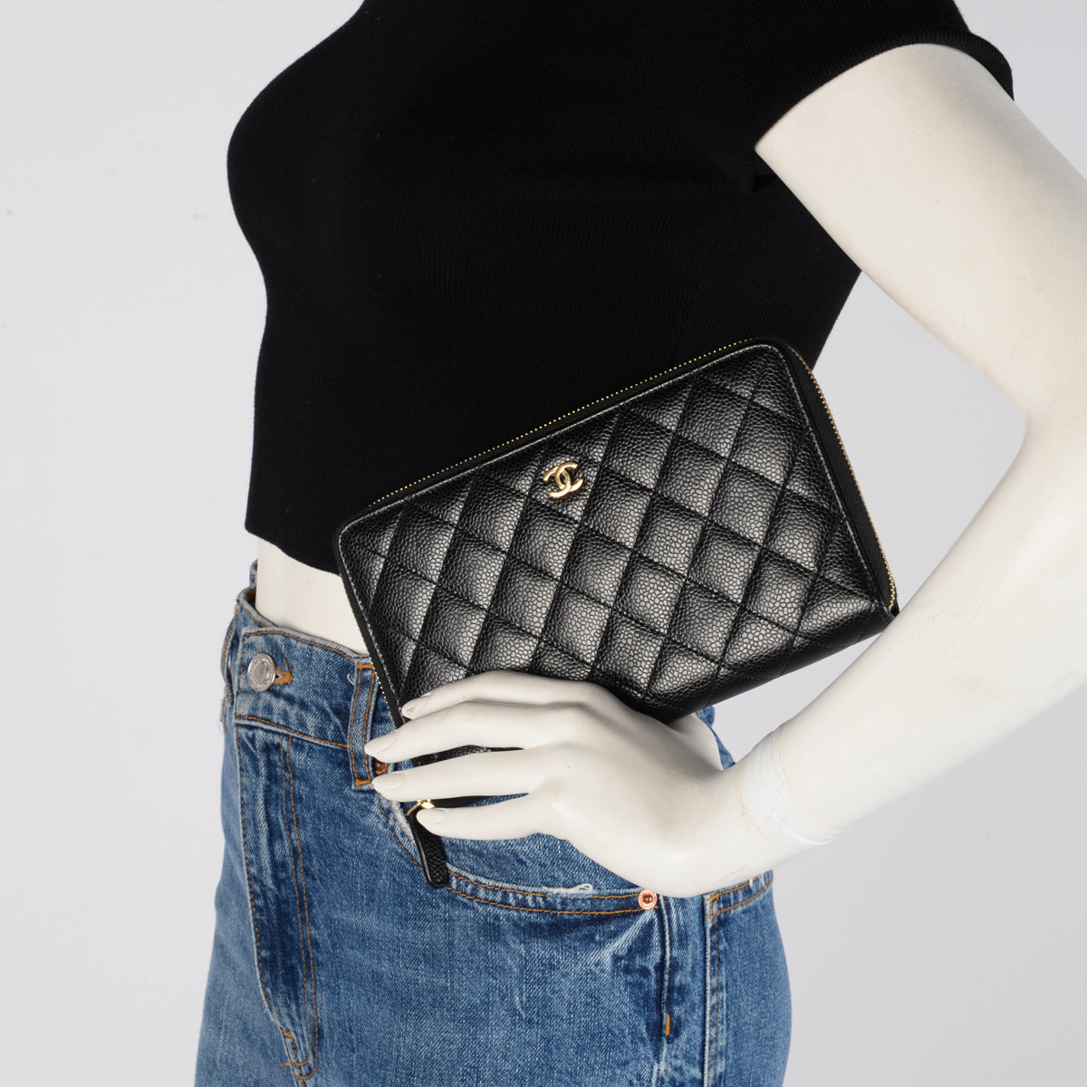 Chanel Black Quilted Caviar Large Zip Around Wallet
