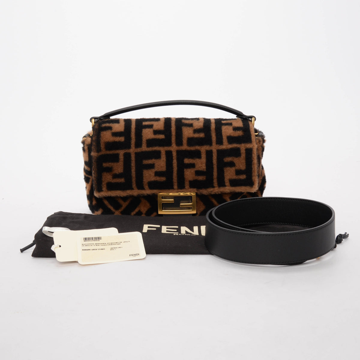 Fendi Tobacco & Black FF Shearling Baguette Bag