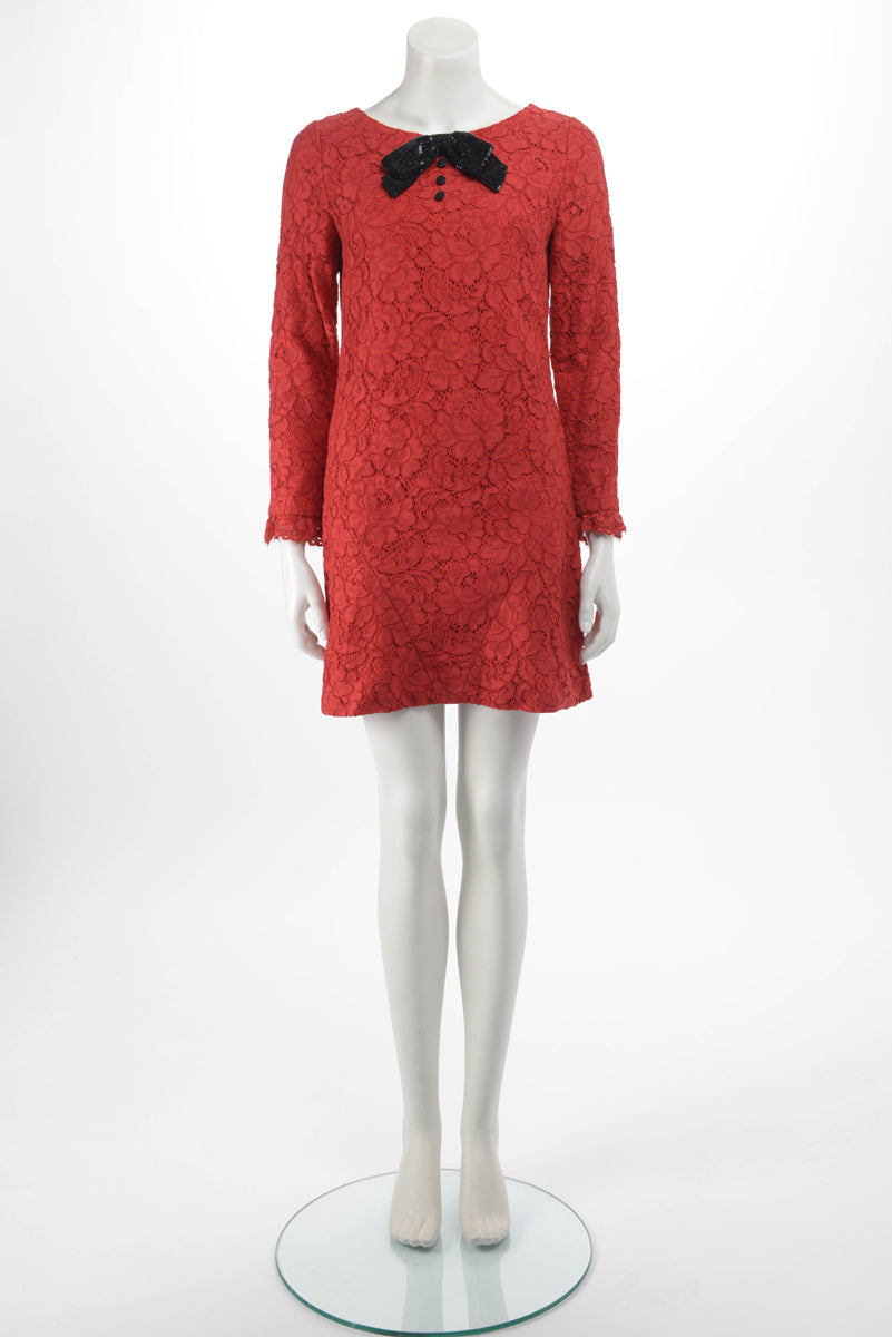 Saint Laurent Red Lace Sequin Bow Dress FR 36