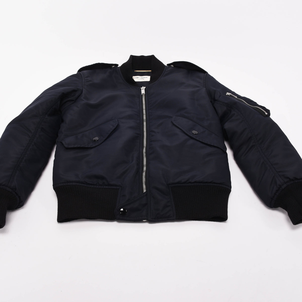 Saint Laurent Navy Nylon Bomber Jacket FR 34