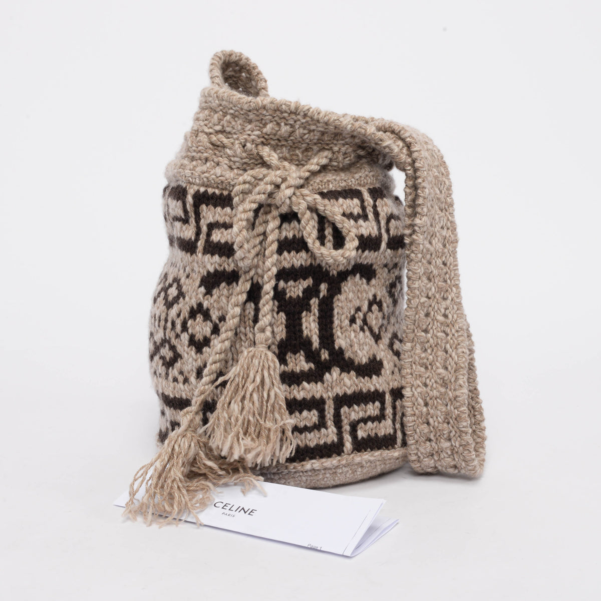 Celine Taupe Wool Fair Isle Triomphe Tote