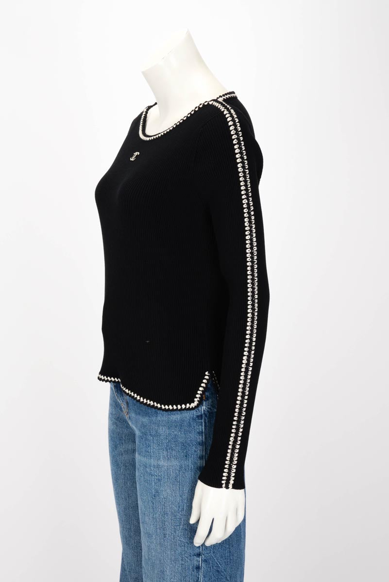Chanel Black Knit CC Braided Trim Long Sleeve Top FR 44