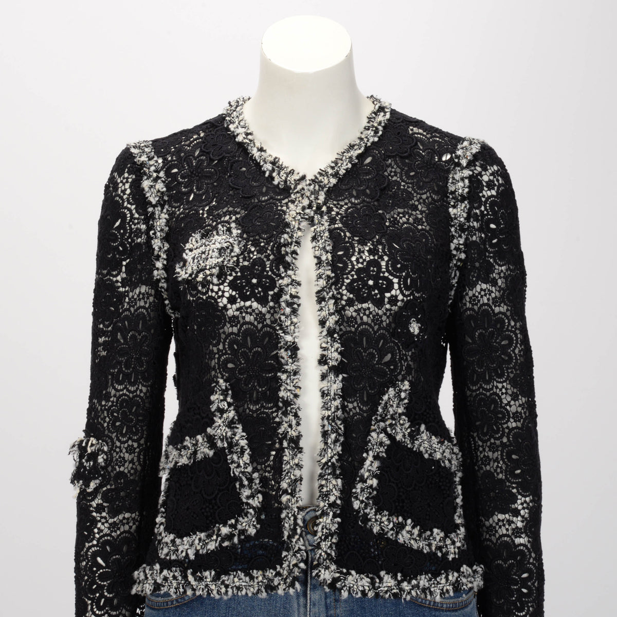 Chanel Black & White Lace Applique Jacket FR 40