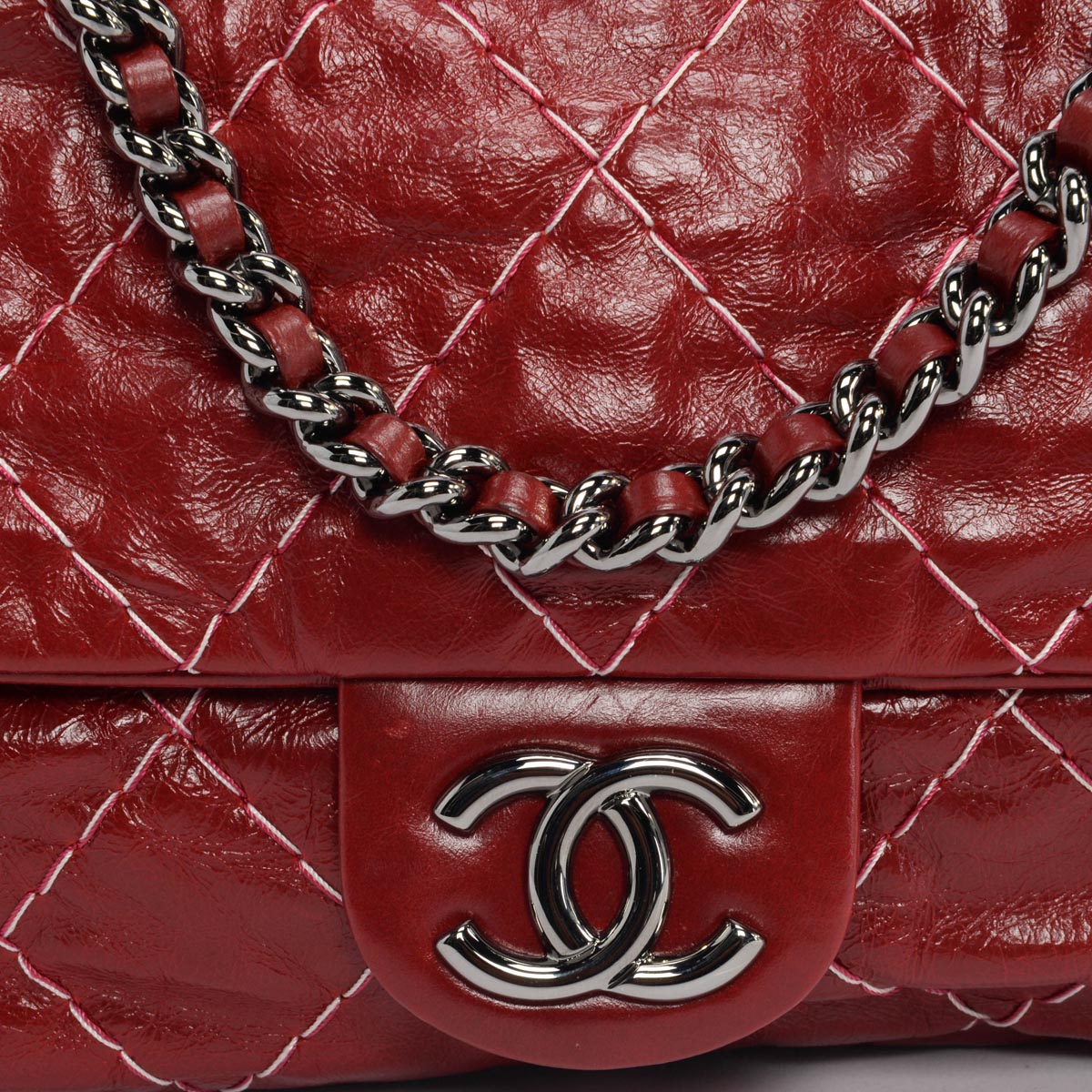 Chanel Dark Red Glazed Goatskin Double Stitch Flap Bag