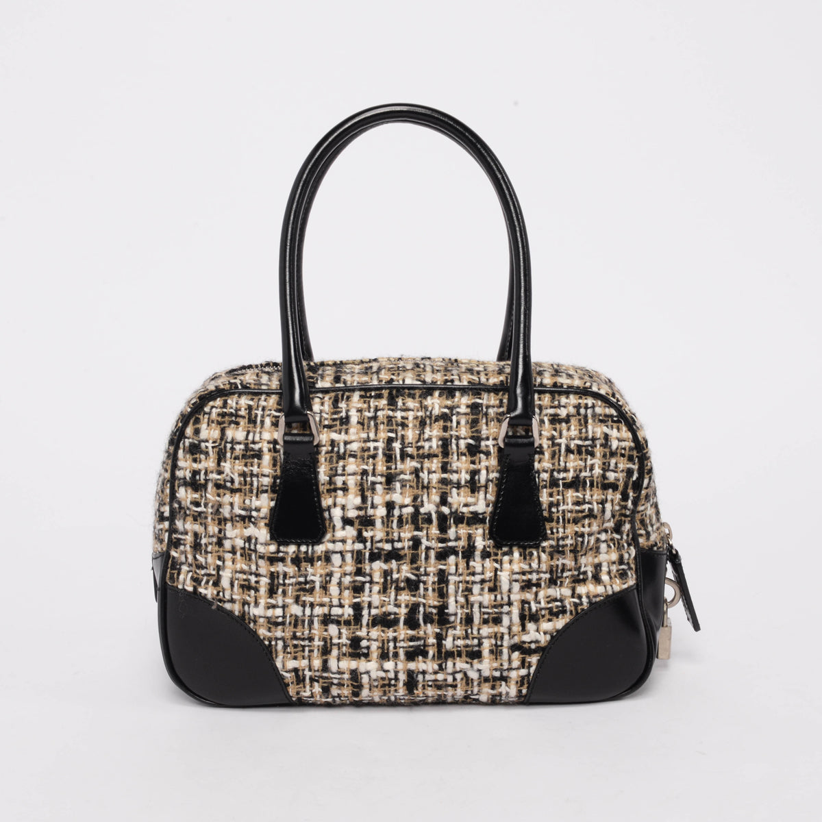 Prada Beige & Black Tweed & Vitello Mini Boston Bag