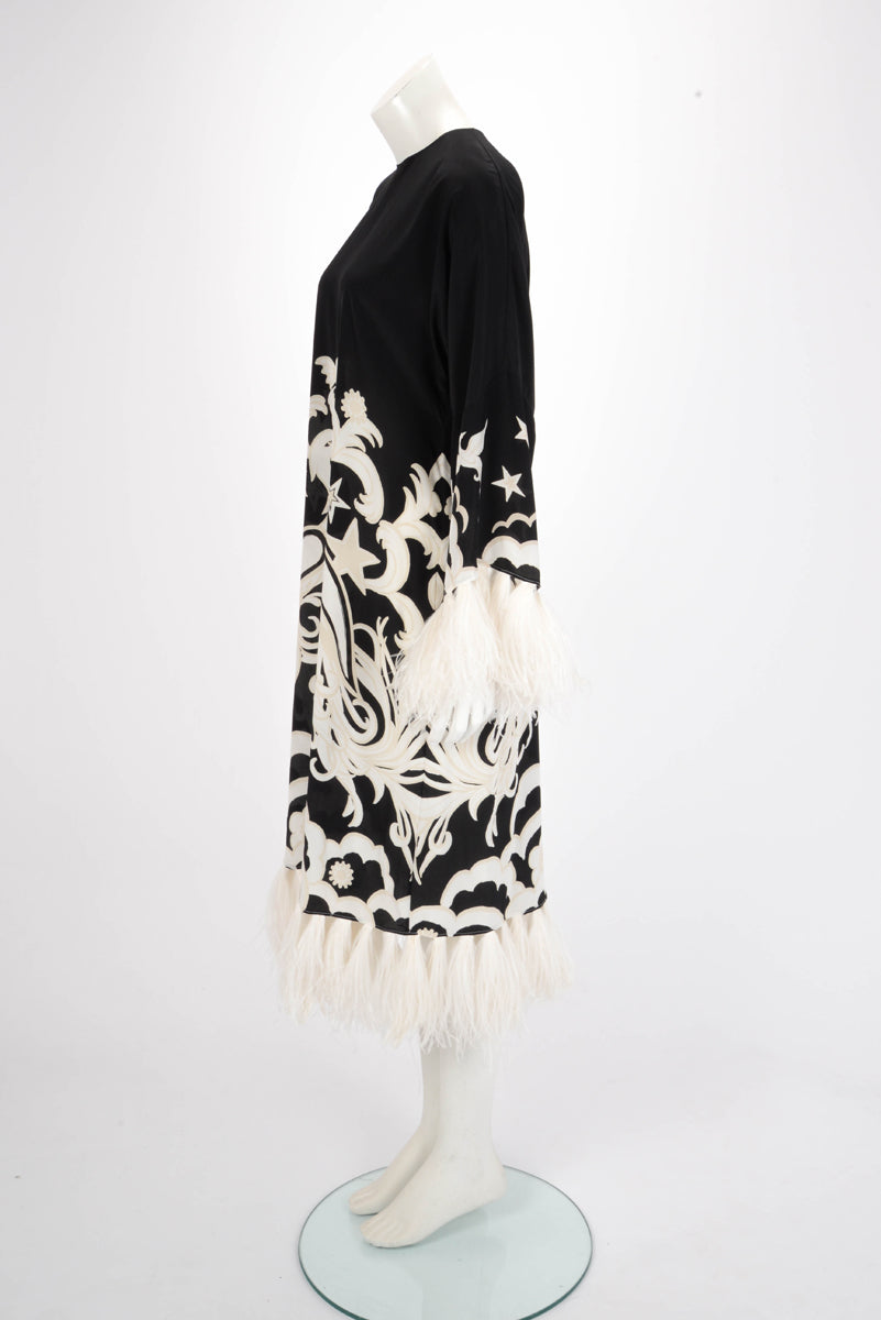 Valentino Black Silk Print Feather Trimmed Midi Dress FR 42