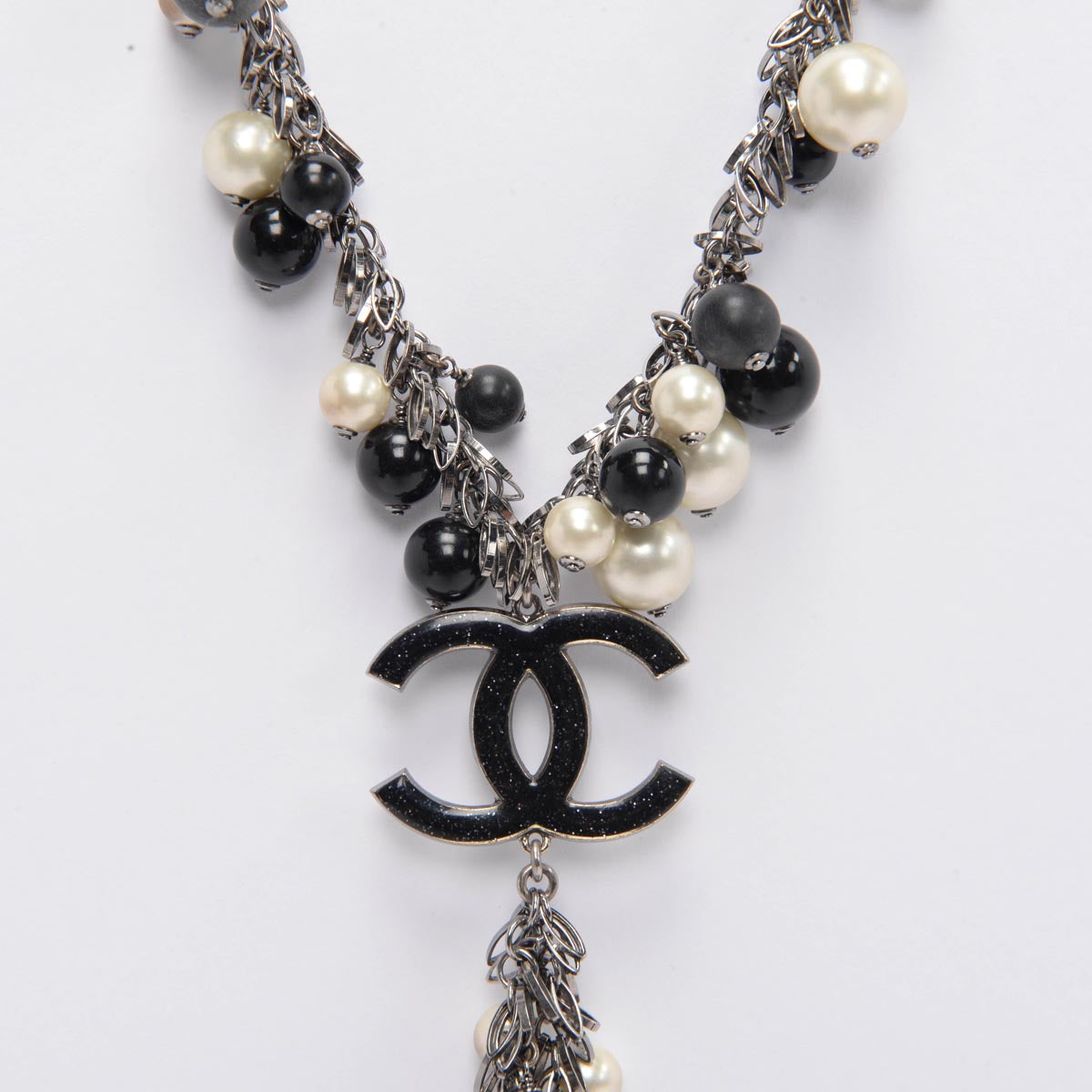 Chanel Pearl & Black Beaded Silver Chain CC Necklace