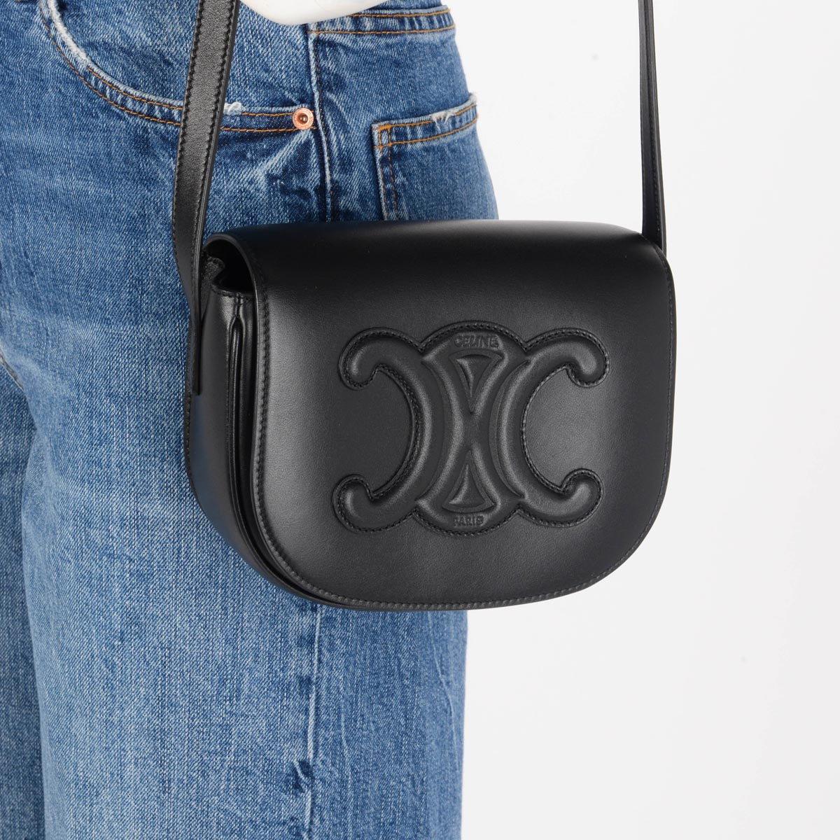 Celine Black Smooth Calfskin Triomphe Folco Cross Body Bag