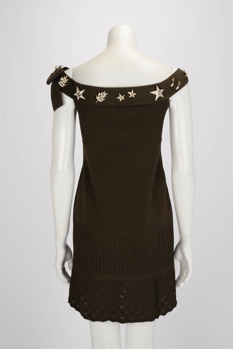 Chanel Khaki Knitted Brooches Dress FR 40