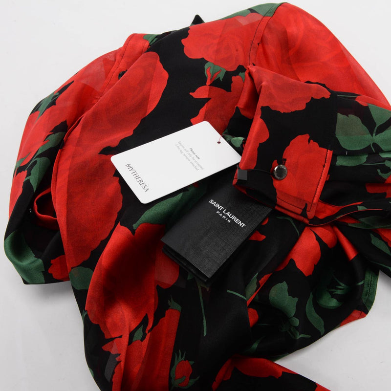 Saint Laurent Black & Red Silk Roses Print Blouse FR 36 - Blue Spinach
