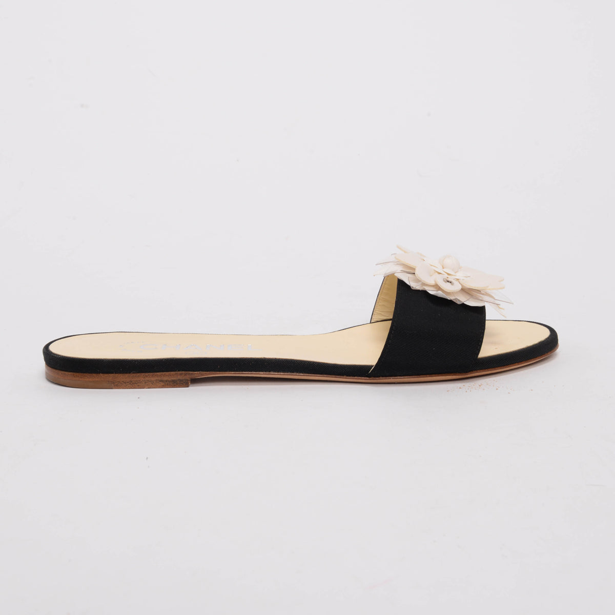 Chanel Black Grosgrain Floral Embellished Sandals 37