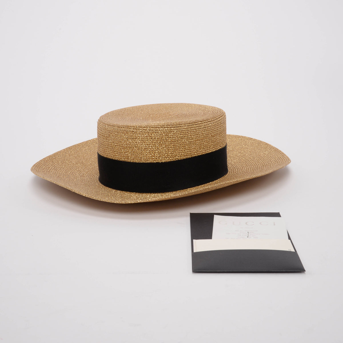 Gucci Gold Straw Bee Embellished Boater Hat