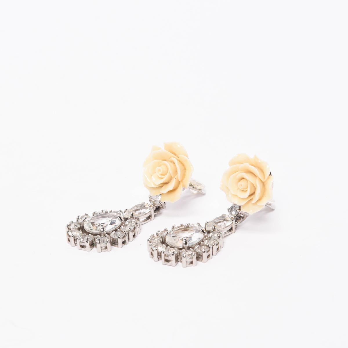 Prada Cream & Silver Crystal Rose Drop Clip Earrings