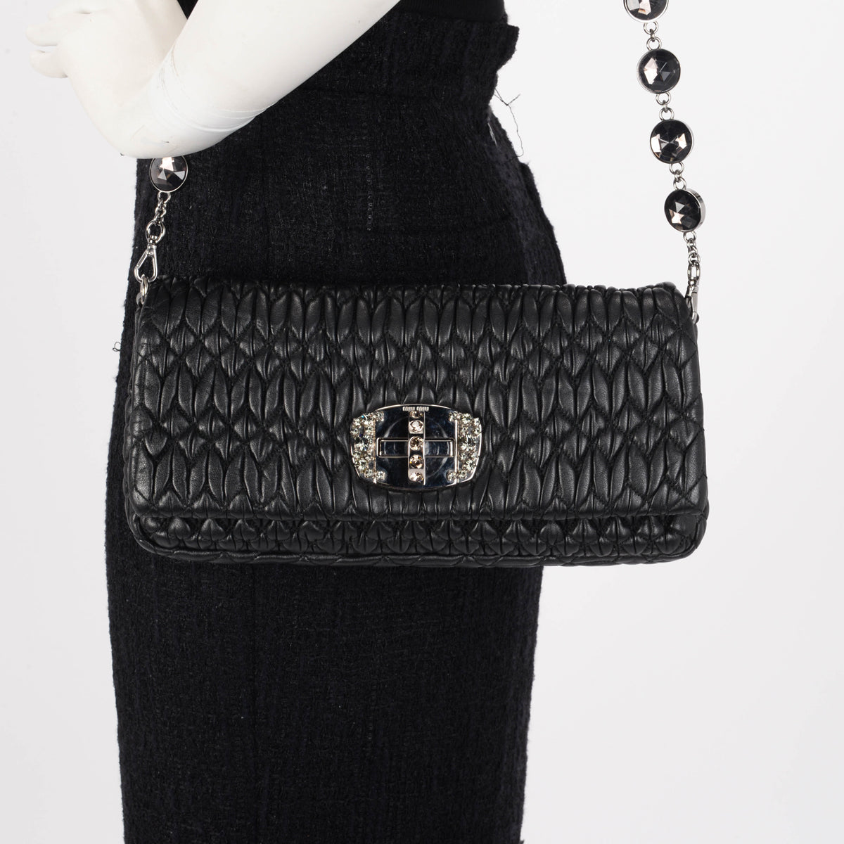 Miu Miu Black Matelasse Crystal Strap Bag